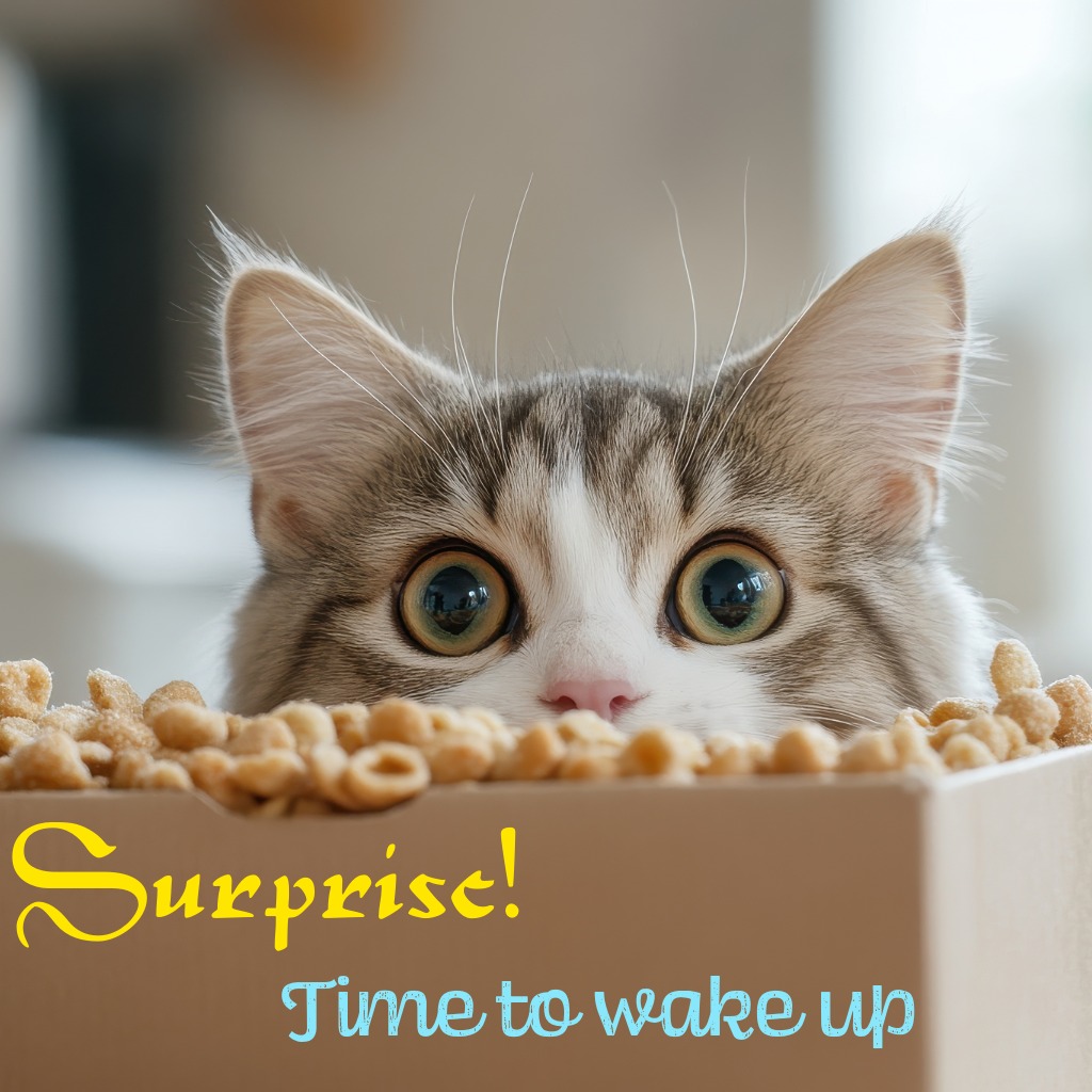 Breakfast Surprise Cat | Good Morning Images With Cats quotes and wishes