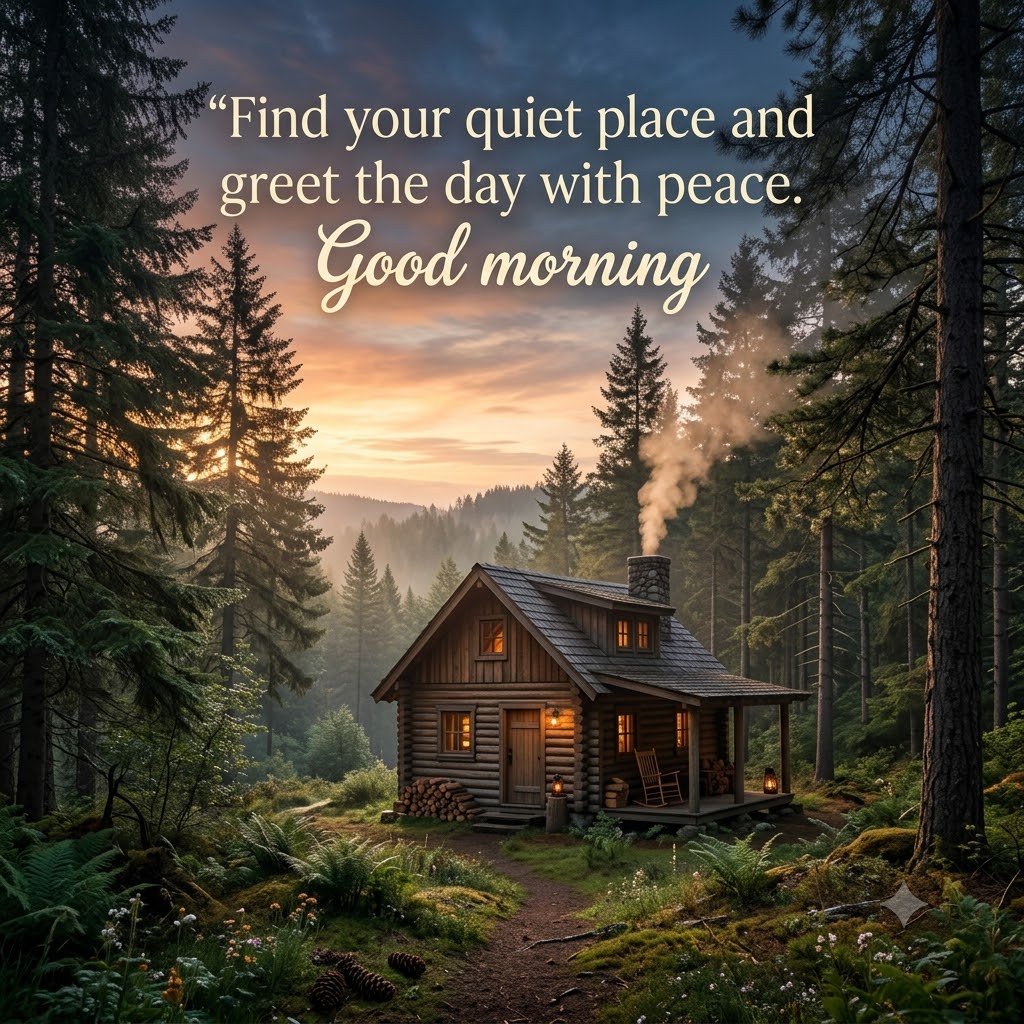 Cabin Pine Trees Morning Good Morning | Good Morning Nature Images quotes and wishes