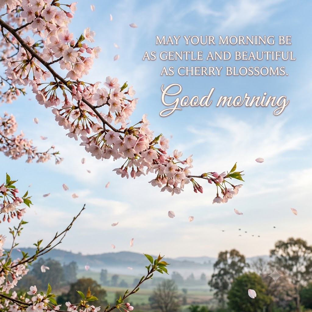 Cherry Blossom Branch Good Morning | Good Morning Images With Flowers quotes and wishes
