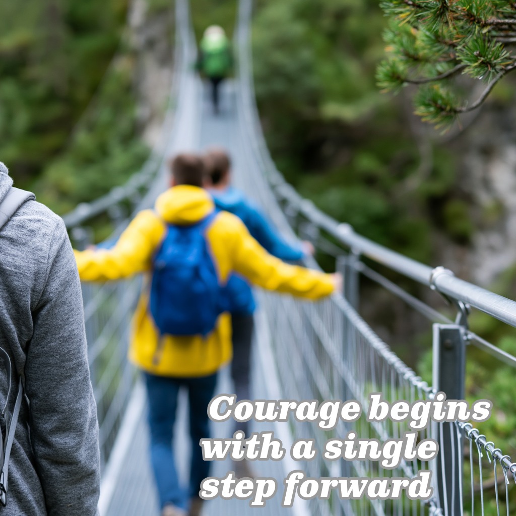 A person crossing a suspension bridge above a valley