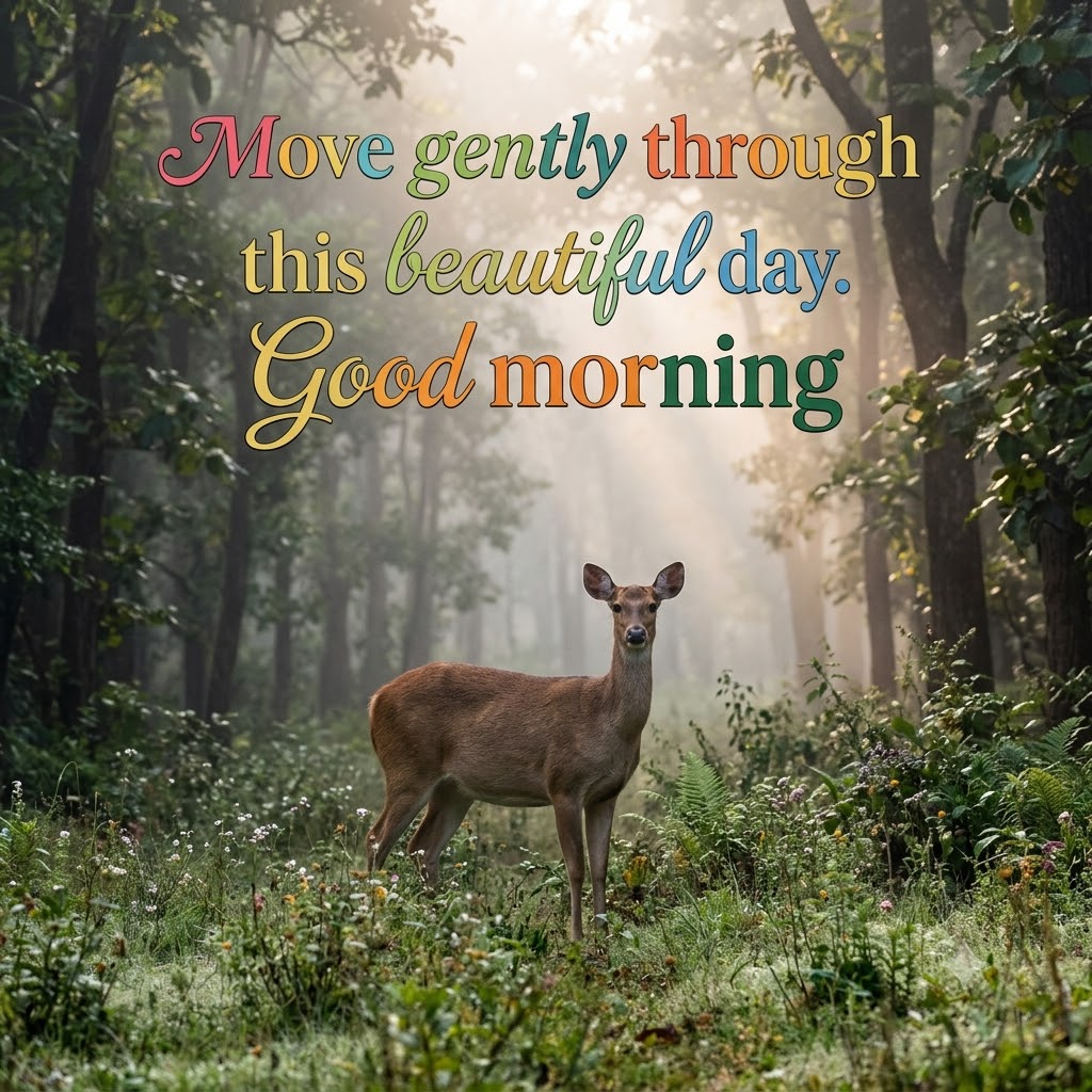 Deer Forest Morning Mist Good Morning | Good Morning Nature Images quotes and wishes