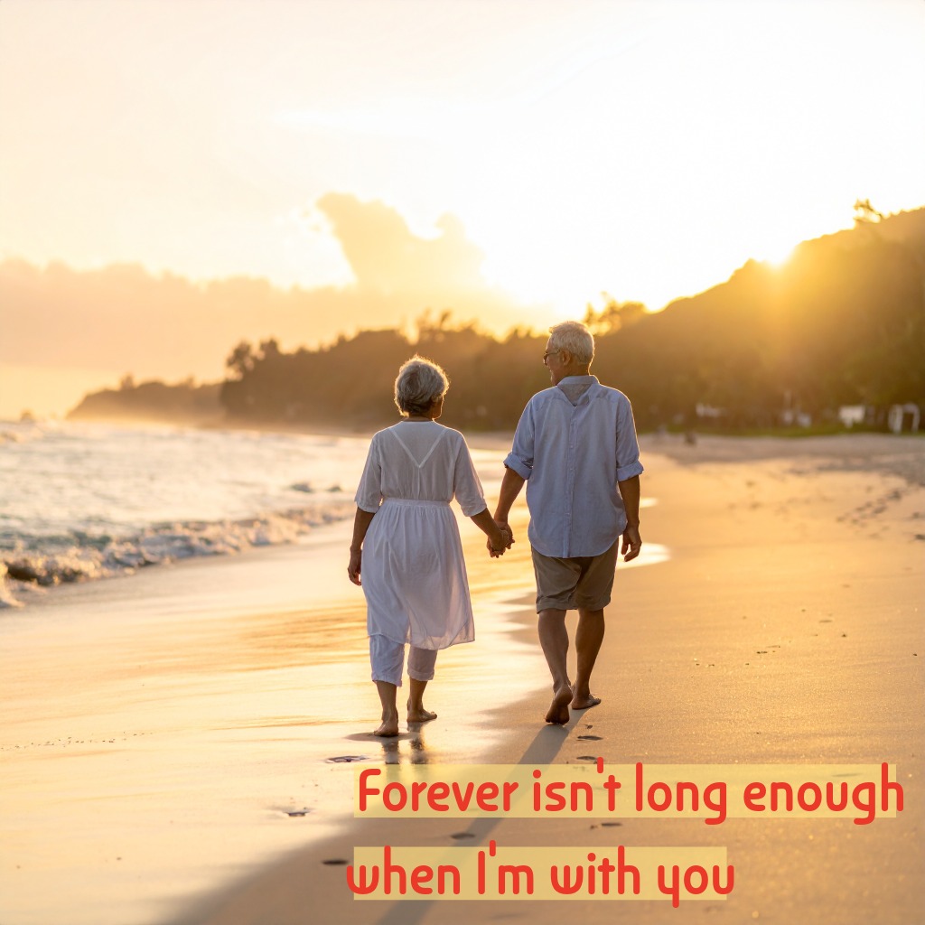 An elderly couple walking hand in hand along a peaceful beach at sunset | Romantic Messages Between Couples quotes and wishes
