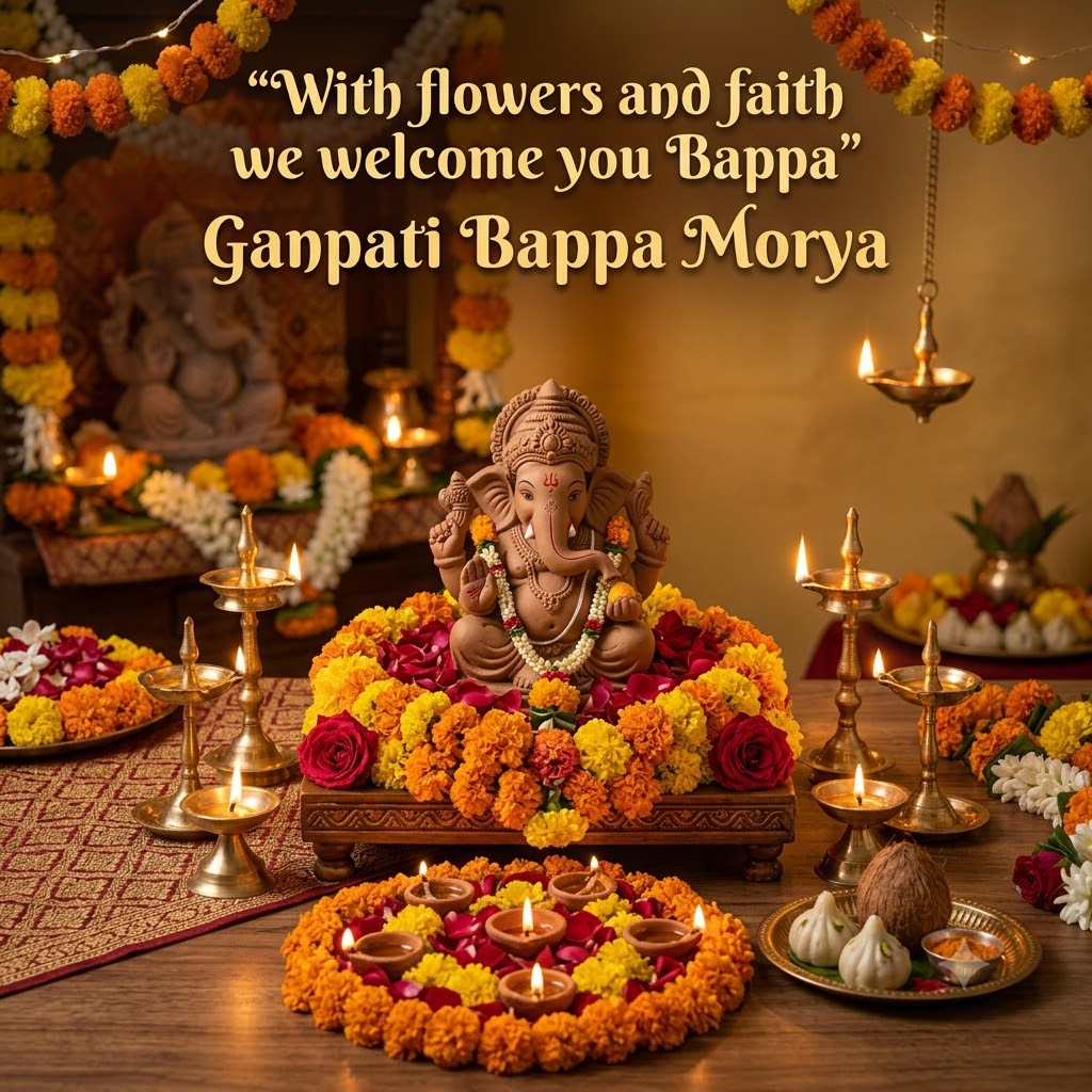 Ganesh Chaturthi Flowers and Diyas | Happy Ganesh Chaturthi  Images quotes and wishes