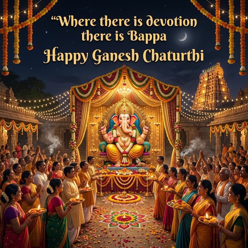 Ganesh Chaturthi Illuminated Temple Night | Happy Ganesh Chaturthi  Images quotes and wishes