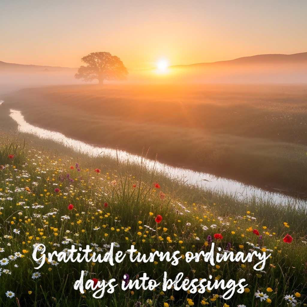 A peaceful sunrise over a field of flowers with folded hands