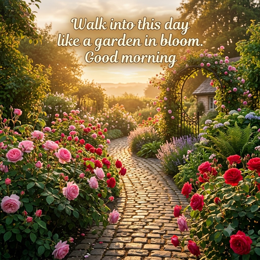 Rose Garden Path Morning Good Morning | Good Morning Images With Flowers quotes and wishes