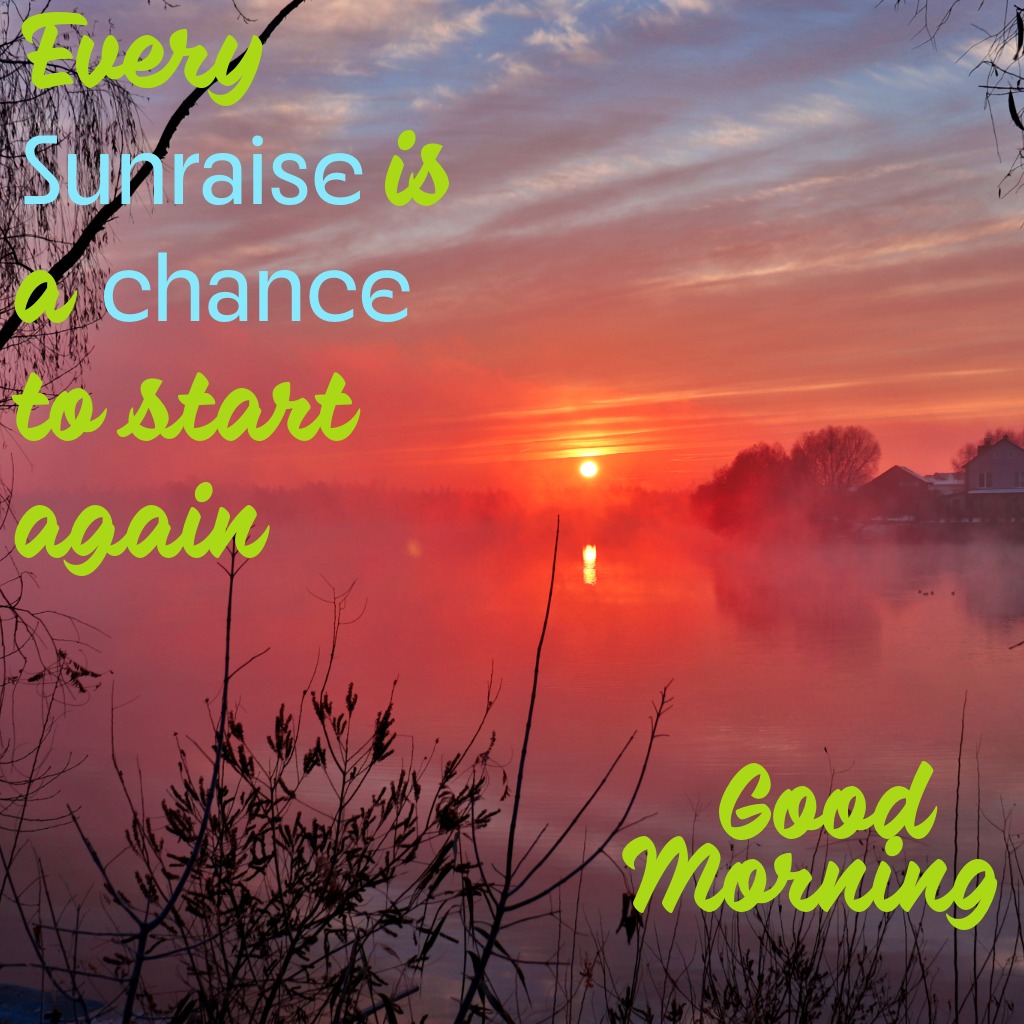 Sun rising on misty morning over water body | Good Morning Sunshine Images quotes and wishes
