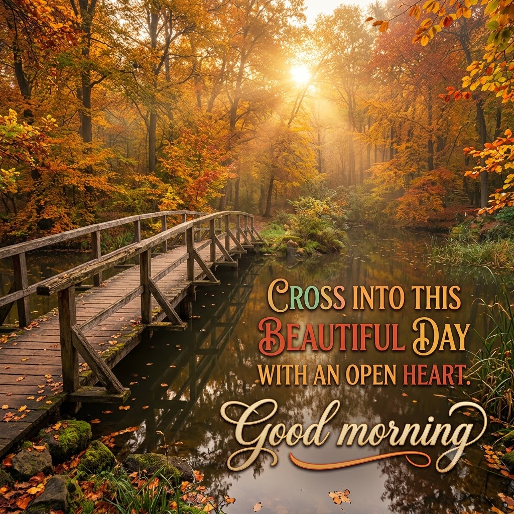 Wooden Bridge Autumn Morning Good Morning | Good Morning Nature Images quotes and wishes